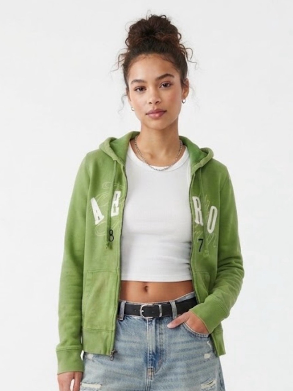 Vintage Y2K Aeropostale 1987 Green Full Zip Hoodie Sweatshirt Size XL